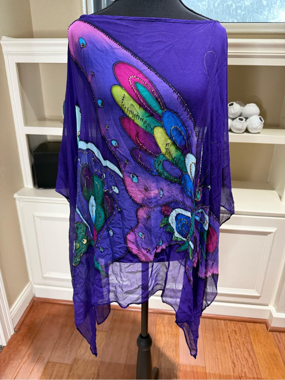 Purple Sheer Embroidered Poncho Butterfly Top Art to Wear Women Beaded Unique
